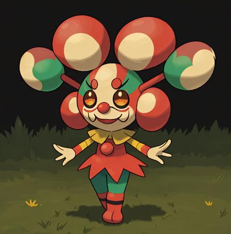 pokemon, ((clown)) , fire and grass types, cute, masterpiece, high quality, best quality, high-definition, ultra-detailed <lora:pokemerge:1>