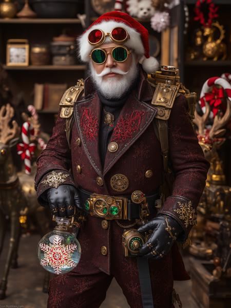 A steampunk Santa in a high-collared coat with intricate gold embroidery, epaulettes shaped like snowflakes, and a belt adorned with brass gears and glowing emerald buckles. He wears a turtleneck sweater underneath and goggles with red-tinted lenses, reflecting the glow of his candy-cane-striped jetpack. His metallic gloves are studded with crystal snowflakes as he holds a glowing orb, standing in a workshop filled with clockwork reindeer