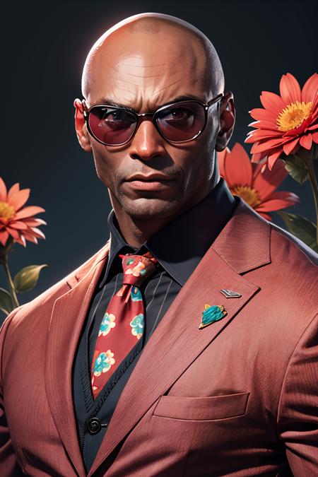 photo of LReddick, action, dynamic pose, wearing dark sunglasses, man, suit with red flower pattern, bald, (masterpiece:1.2), best quality, high quality, (absurdres:1.2), realistic, UHD, ultrarealistic, 50mm <lora:LanceReddick-01:1.0><lora:3DMM_V11:0.8>