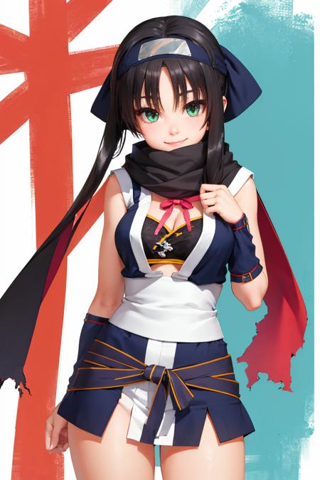 hitachi mako, ahoge forehead protector, japanese clothes, ninja, scarf, cleavage