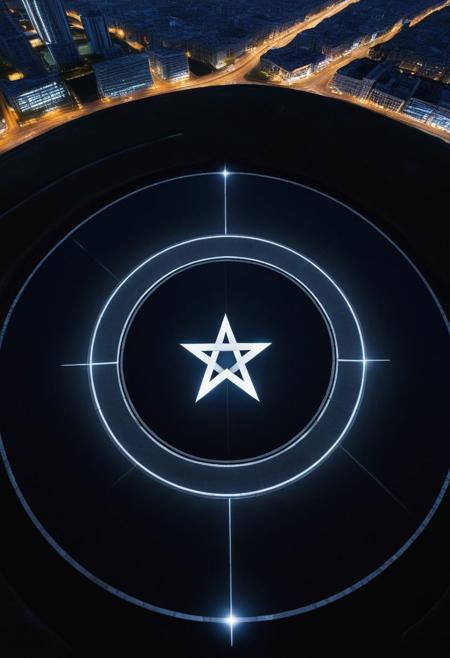A stately pleasure-dome decree:
Aleph Tower, centre for the AI that rules the Human civilization, in a glittering city of glass and shining metal,
   bright sunlight under a pitch black sky.
So twice five miles of urban sprawl,
With walls and towers  girdled round;
In center: a black circle in bold lines intersected by a thick pentagram, five pointed star,
Photographer Reuben Wu Style