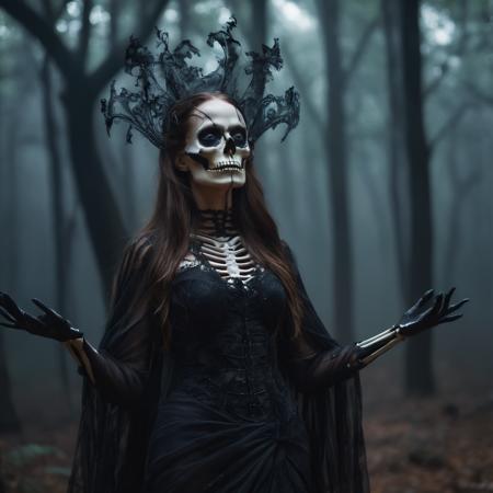 The Skeleton young Witch, flying, epoxy_skull, amidst a black swirling vortex in a dark, mystical forest. A beautiful woman with long hair stands, her figure draped in skeletal armor and an ethereal dress, engulfed by the swirling darkness. The scene is intensely cinematic, dominated by deep shadows pierced by subtle hints of light, crafting a dramatic interplay of darkness and luminescence. Wind, intensified to 1.2, weaves through the trees, enhancing her enigmatic silhouette, now surrounded by black smoke and the eye of a storm. Close-up on her sad expression, amidst sparkling embers and a billowing long piece of cloth, with a faint (intensity:0.5) hint of a Skeleton mask,