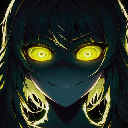 a girl with yellow glowing eyes is looking to the camera in the darkness, with an evil smile, <lora:Dall-e_3_0.1:1>