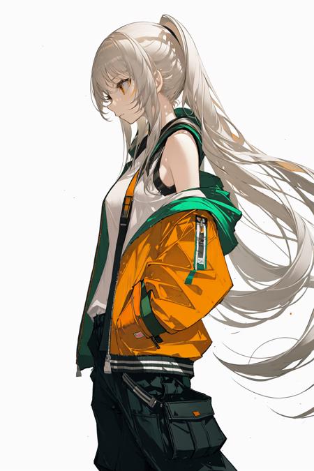 1girl, solo, long hair, white background, very long hair, simple background, twintails, orange jacket, jacket, breasts, pants, grey hair, closed mouth, hands in pockets, from side, black pants, off shoulder, bangs, profile ,
///////////   <lora:chongzhen-000202:1>, <lora:ç»ä¸½çåå½±:0.2>,<lora:add_detail:0.35>, <lora:adaptedmodel:0.35>