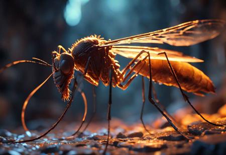Prehistoric mosquito in transparent amber stone Crypt,  soft light, shallow depth of field, ambient lighting, concept art, dark fantasy, intricate, elegant, volumetric lighting, photorealistic, digital painting, highly detailed, artstation, sharp focus, illustration, concept art, ruan jia, steve
