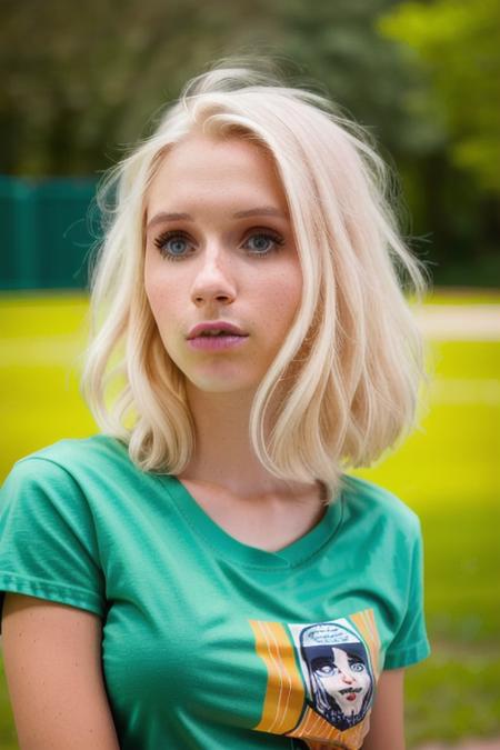 a beautiful blonde woman at the park, in a tee shirt, close up, perfect face, clear eyes, perfect day, 8k, uhd, raw, masterpiece <lora:janoukKelderman:1>