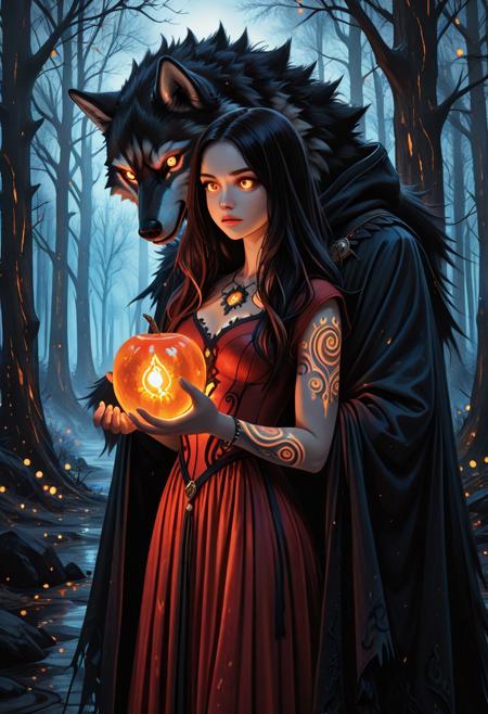 masterpiece, absurdres, 8k, HQ, 15546+456868, 
vivid and contrasting colors, digital painting, fantasy art, dark fairytale atmosphere, dramatic lighting, cinematic shadows, 1girl, 1wolf, anthropomorphic wolf, glowing orange eyes, tattered hooded cloak, detailed textured fur, fierce expression, stands protectively behind woman, dark misty forest, silhouetted trees, moody background, long black hair with red streaks, ornate red dress, jewelry, intricate beadwork, exposed arms, vivid tattoos, black ink designs, painterly finish, intense and mysterious mood