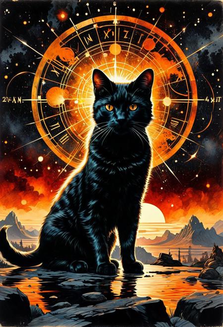 Silhouette Art of a cat, breathtaking detailed, masterpiece, lovely, charming, awe-inspiring, radiant, magnificent. (all dark hues and fine vibrant orange glowing smoldering accent and shiny gold color scheme:1.02). glossy.
<lora:InkArtXL_1.2:0.4> <lora:FaeTastic:0.35> . award-winning, professional, highly detailed . extremely high-resolution details, photographic, realism pushed to extreme, fine texture, incredibly lifelike, high contrast, well defined .  (in the style of Frank Frazetta painting) Dean Cornwell, design, 1970s, Russian Constructivist style, double exposure, volumetric lighting, expressive, ancient starchart, ink spattered background, warm colors, space, art deco, splatter, Japanese Woodblock print, planar rectilinear shapes, extreme energy, dynamic posing, Dutch angle, black, Crimson<lora:xl_more_art-full_v1:0.3>