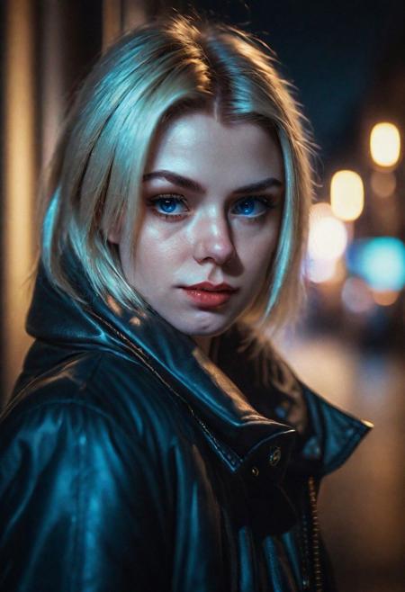 Portrait face Solo female ciborg in city, photograph ,pale beautiful Irish woman, blonde, blue eyes, night time, cinematic composition,  cinematic filtering