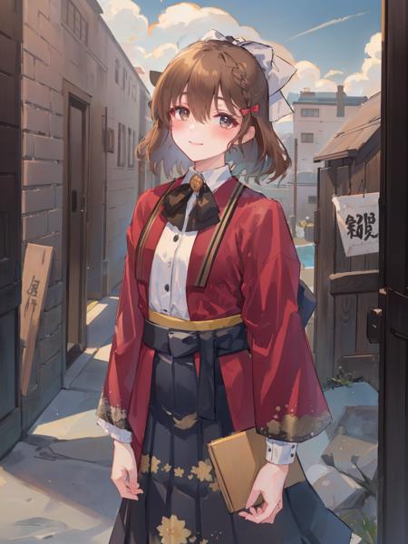 asahi \(kancolle\), 1girl, solo, skirt, bow, shirt, looking at viewer, white shirt, black skirt, long sleeves, outdoors, smile, japanese clothes, bangs, wide sleeves, blush, red jacket, floral print, hair between eyes, day, cloud, sky, collared shirt, blurry background, kimono, breasts, white bow, blurry, closed mouth, medium hair, pleated skirt, standing, hakama, jacket, open clothes, hand on own chest, blue sky, black hakama, red bow, dress shirt, cowboy shot, original, intricate detail, illustration, masterpiece, extremely detailed CG unity 8k wallpaper, highlight, sharpening, dynamic, <lora:Asahi:0.8>,