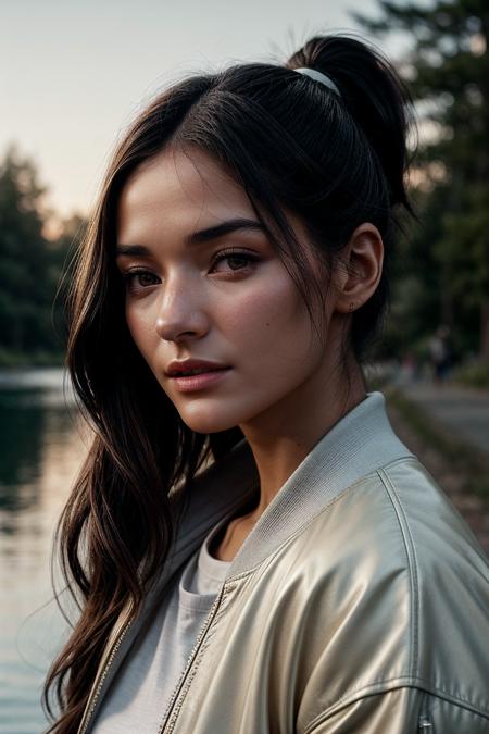 perfect cinematic shoot of a beautiful woman (EP4n3l14M00r:.99), a woman standing in a (modest lake), perfect high ponytail, wearing sexy (Ivory Cropped bomber jacket:1.2), (people in background:1.1), (detailed background:1.1), (face focus), modelshoot style, (extremely detailed CG unity 8k wallpaper), professional majestic (photography by Billy & Hells:1.1), 24mm, exposure blend, hdr, extremely intricate, High (Detail:1.1), dramatic, soft cinematic light, (looking at viewer), (detailed atmosphere), 8k, highly detailed, rich environment, 4k textures, soft cinematic light, elegant, ((((cinematic look)))), soothing tones, insane details, hyperdetailed, ("Dreams into reality with SDKoh!":1.1), (epiCPhoto)