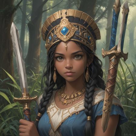 Create a portrait of a strong African American woman, centered in a 1024px image, with an angular asymmetrical design. She should be holding two swords and have two long blue braids, with a headdress that is also centered. The background should feature an Erosion Hand Forest with tall grass and godrays, with soft lighting reminiscent of the work of John Harris, Andrei Riabovitchev, Marc Simonetti, yoshitaka Amano, and Thomas Kinkade.
