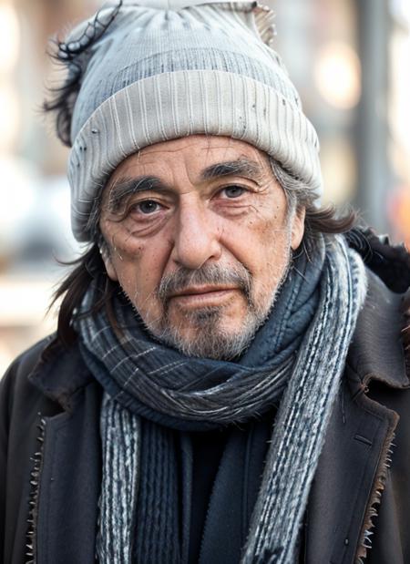 apo1 close up Portrait photo of a man  in a (Worn-out Jacket, Beanie, Frayed Scarf, Work Gloves, Shopping Cart),  intricate, (cloth [multicolor]), elegant, sharp focus, photo by greg rutkowski, soft lighting, vibrant colors, masterpiece, ((simple white background)), detailed face <lora:AlPacinoOld:0.85>