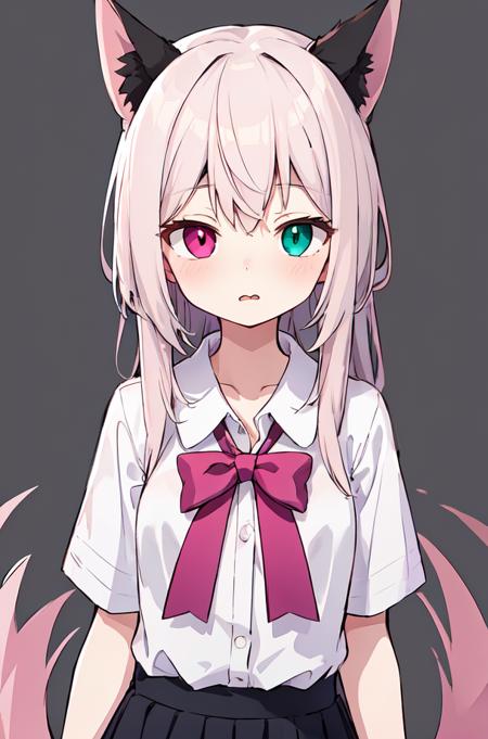 masterpiece,best quality,upper body,1girl,small breasts,collared_shirt and flared_skirt as material2,pink theme,g-pen \(medium\),lineup,quin tails,heterochromia,sideways mouth,first-person view
Negative prompt: (worst quality, low quality:1.4), username, text, lowres, blurry, monochrome,NG_DeepNegative_V1_75T, EasyNegativeV2,nsfw,
Steps: 20, Sampler: DPM++ 2M Karras, CFG scale: 6, Seed: 3350163938, Size: 512x768,