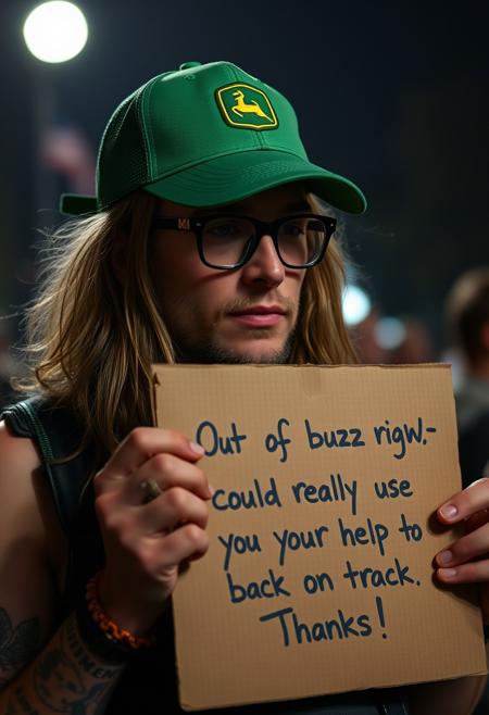 a vagabond, intoxicated, drunk. glasses john lennon style, long hairs, tattoo. green "john deere" trucker cap. holding a cardboard with written "Out of buzz right now—could really use your help to get back on track. Thanks!" dark halley light only from the full moon in bk