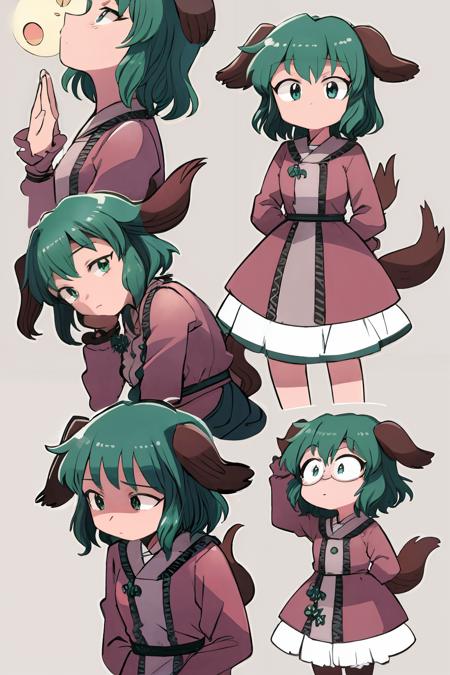 masterpiece, best quality,   <lora:KasodaniKyouko:1>, <lora:style05:1>,multiple girls,multiple views,comic,animal ears, green eyes, green hair, short hair,dress,long sleeves, tail, (chibi:1.3),simple background,