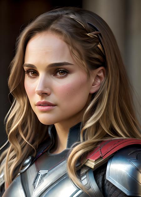 ((masterpiece)), (best quality), perfect anatomy, highres, detailed, (8k), photorealistic,best quality, ultra highres, ((detailed face)),
<lyco:natalieportman_lycoris_01-000001:1>, 1girl, natalieportman-smf, solo, long hair, blonde hair, armor, realistic, lips, upper body, thor-outfit,