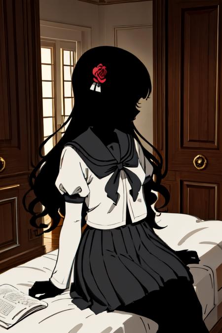 1girl, (masterpiece:1.3), high quality, high detailed, (solo), hair ribbon, (black skin:1.3), hair flower, black hair, long hair,  kate, school uniform, serafuku,  <lora:kate-08:0.9>, indoors, (black face:1.3), room, bed, looking at viewer,  <lora:23-3-14-jianying1.1:0.6>