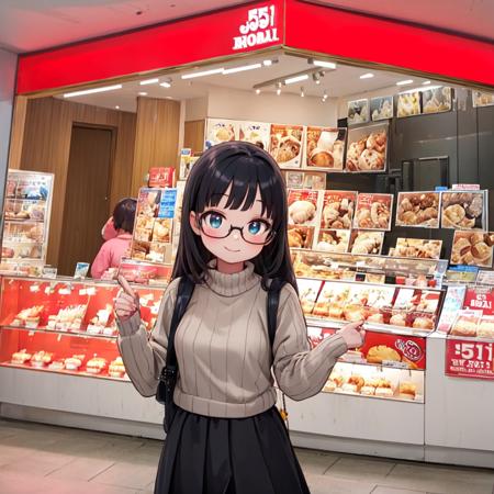 masterpiece, best quality, ultra-detailed, illustration,
1girl, glasses, black hair, long hair, sweater, long skirt, shy smile, happy, v, looking at viewer, upper body,
horai, scenery, storefront, japan, shop, scenery, food
 <lora:551_HORAI_SD15_V2:1>