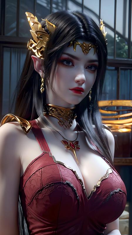 <lora:more_details:0.5>, masterpiece, realistic, absurdres, fine detail, (raw photo:1.2), (photorealistic:1.4), (8k, best quality, masterpiece:1.2), highres, ultra-detailed, extremely detailed cg 8k wallpaper, dynamic pose, <lora:cailing_v3-000018:0.9>, 1girl, cailing, solo, makeup, queen, headgear, black hair, black eyes, earrings, eyeliner, eyeshadow, jewelry, long hair, looking at viewer, pointy ears, red lips, sharp nails, red nails, cowboy shot, fair skin, flawless, clean, contrast, perfect hand, perfect fingers, slender fingers, slim waist, slim body, perfect body proportions, curvy body, beautiful legs, (long legs:1.3), huge breasts, (wide shot:1.3), (upper body:1.3), (Correct hand and finger anatomy:1.2)