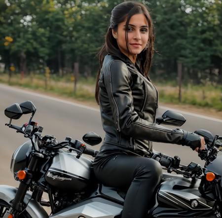 (on a motorcycle), raw photo, masterpiece, intricate, perfect anatomy, highres, 8k uhd, Cinematic, sexual, skin texture,1girl, black hair, brown eyes, looking at viewer, realistic, solo, <lora:raebhau:0.8>,skin tight,