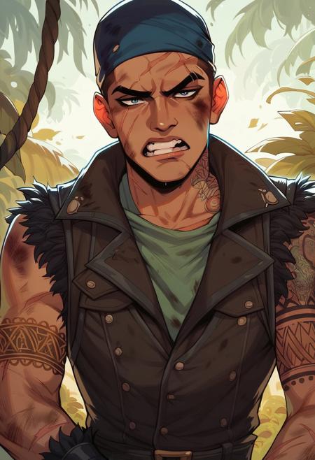 score_9, score_8_up, score_8, score_7_up, score_7, score_6_up, score_6, score_5_up, pirate, bandanna, tan skin, leather vest, sleeveless, torn sleeves, tattoos, golden tooth, dirty, bruised, scars, angry expression, vox machine style, 1boy, male focus, solo, close up portrait , fantasy, jungle background, (dynamic lighting:1.1)
((masterpiece))