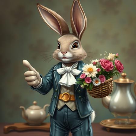 Create a highly detailed, realistic illustration of an anthropomorphic bunny character, inspired by the works of Margaret Brundage. The bunny should be holding a basket of flowers, wearing patent leather, and giving a thumbs up. Incorporate elements of benevolence and whimsy, with a touch of the gaudy and ornate. The character should be depicted in a large, tall format, with a white ascot and a potion belt. Ensure the image is in high definition (4K or 8K) and features micro details, lifelike details, and adherence to the golden ratio. The style should be reminiscent of Mr. Clean and Constantine, with a dash of elegance and sophistication. The output should be a high-quality image, trending on Pinterest, with a top lid and a teapot in the background.