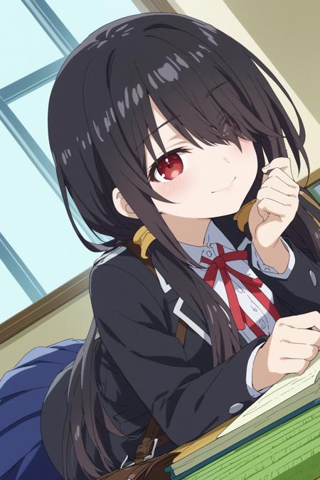 1girl,solo,kurumi tokisaki,long hair,twintails,smile,dress,heterochromia,yellow eyes,looking at viewers,clock eyes ,symbol-shaped pupils,hairband 1girl,solo,kurumi tokisaki,school uniform, long hair, skirt, black hair, red eyes, ribbon,jacket, pleated skirt, bag, hair over one eye