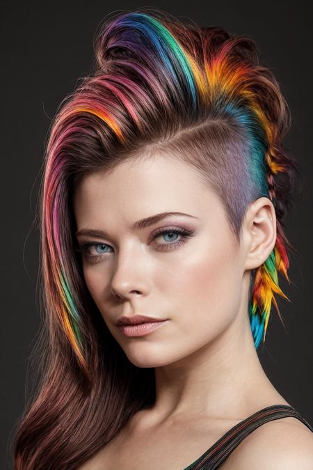 masterpiece, stunning  portrait photo of (pytn:1.0), by Flora Borsi, style by Flora Borsi, bold, bright colours, (rainbow Mohawk hair:1.22), (Flora Borsi),   <lora:PeytonListDogu:1>