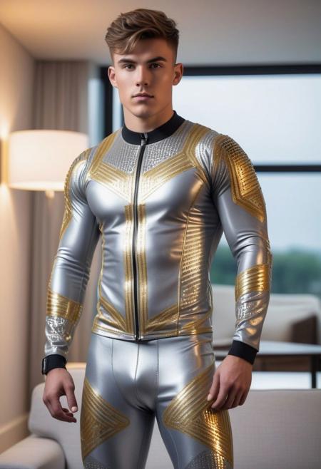 a strong 24-year-old british hunk male, with a side fringe curtains undercut hairstyle, detailed face, mindless expression,  wearing a skin tight light-gray rubber suit with silver and gold electronics circuits patterns, wearing a light-gray rubber jockstrap, on a modern living room, standing at attention pose, full body visible, looking at viewer, portrait, photography, detailed skin, detailed rubber texture, realistic, photo-realistic, 8k, highly detailed, full length frame, High detail RAW color art, diffused soft lighting, shallow depth of field, sharp focus, hyperrealism, cinematic lighting