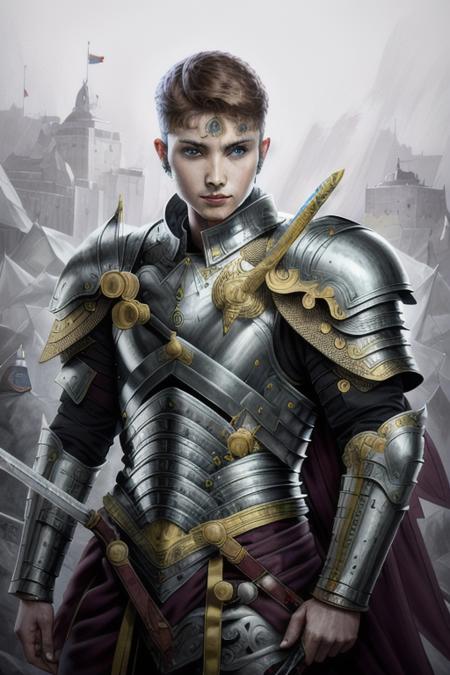 (original painting:1.3), <lora:100_yuanhua-10:1>, A prince in battle armor, with a sword in his hand, best quality, highly detailed, looks ferociously at the enemy, 
The facial details are extremely stylistic, Extremely delicate face, extremely delicate picture, extremely rich in detail, 4K, HDR