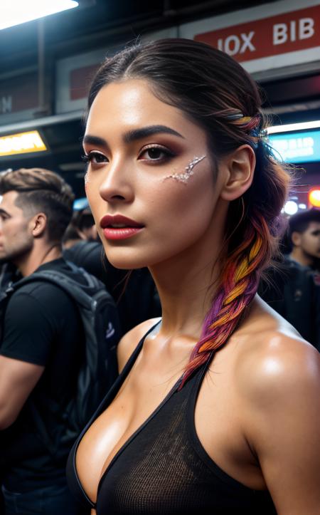 concept art beautiful face, sexy, (top-quality, 8K, masterpiece:1.3) A photo of a beautiful girl defusing a tense situation and calming down while leading a vibrant protest, wearing a mix of casual streetwear and colorful festival attire, in the bustling environment of a crowded subway station merging into a lively city square, captured with a telephoto and fisheye lens, highly detailed, detailed skin, illuminated by natural daylight and vivid festival lighting
<lora:epi_noiseoffset2:1> . digital artwork, illustrative, painterly, matte painting, highly detailed