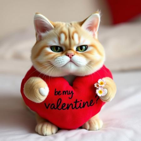 a beautiful plush cat with a serious and upset face in a giant red heart costume with a sign "be my valentine?" and holding some flowers