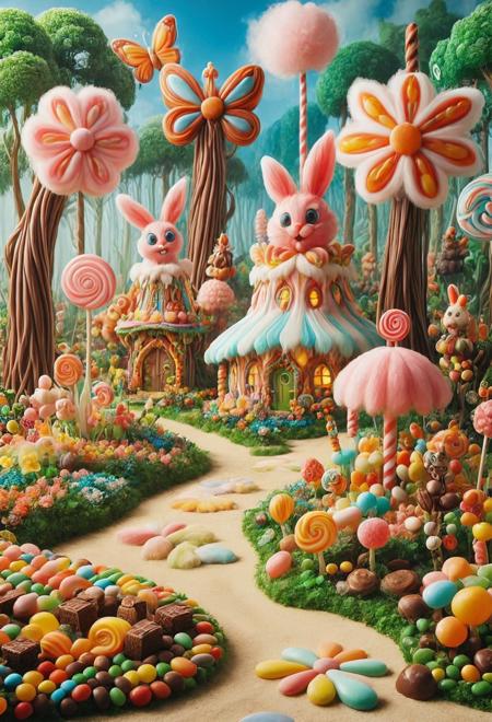 "Wonderland" forest reimagined with candy,  (Wacky Wonderland Inspired by Lewis Carroll and Tim Burton), Wacky wonderland, oversized animals, talking trees, random objects, candy-colored, kaleidoscopic, bizarre, imaginative, crazy scene, in the style of Lewis Carroll and Tim Burton, whimsical, whimsical creatures made of candy, chocolate and candy wonderland, candy floss flowers, sugary giant mushroom trees, licorice caterpillars, Skittles butterflies, M&Ms, cotton candy bunnies, lollipops, artistic and refined, whimsical and imaginative, masterpiece, best quality, illustration, 2D, style by Tim Burton, artwork by Mucha - colorful, high definition, 
<lora:Candy World Morph:0.85> ,   <lora:kids:1>