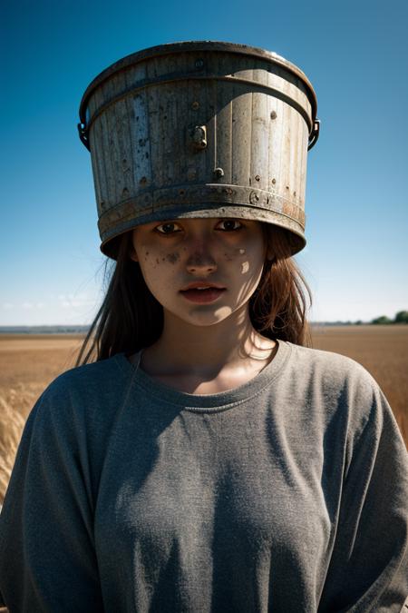 HDR photo of bucket-headed [face] girl . High dynamic range, vivid, rich details, clear shadows and highlights, realistic, intense, enhanced contrast, highly detailed