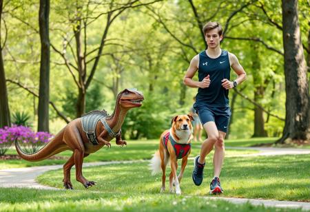 Summer, a beautiful park, a young man in athletic wear jogging alongside his pet dinosaur and a borzoi. The dinosaur and the dog are dressed in sporty dog vests, with the dinosaur being the same height as the dog, creating a whimsical and playful scene.