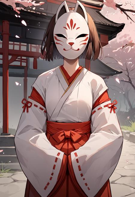 kazari, mask, fox mask, covered face, faceless, short hair, brown hair, miko, japanese clothes, hakama, wide sleeves, sleeves past wrists, red hakama youko, child, mask, black fox mask, covered face, faceless, short hair, black hair, japanese clothes, kimono, sash, purple kimono, floral print, short kimono, obi, print kimono tsumi, mask, blue hair, dark blue hair, short hair, snake mask, covered face, faceless, japanese clothes, miko, kimono, hakama, blue hakama, wide sleeves, sleeves past wrists