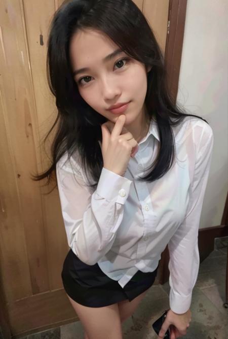 <lora:Javanese_Girl_V3:0.7>, A dashing collected professional beauty young woman, white collared shirt, black short skirt, black loafers, (1girl, solo, one people, one person, alone, standing straight, arms at side), best quality, ((masterpiece)), (photorealistic:1.4), photorealism, photography, hyperrealistic, hyperdetailed, lots of details, extremely amazing finely detail, (((full body:1.5, medium breast:1.5, slender body:1.4, body height 150 cm, body weight 40 Kg, realistic body, realistic face, realistic arms, realistic feet, 18 years old))), perfect body, perfect face, detailed body, detailed face, detailed finger, realistic hand and finger, extremely delicate beautiful, most beautiful woman, beautiful face, looking at viewer, lustful woman, arroused, seduced, flirty, orgasm face, horny:1.2, seductive expression, dynamic sexy hot seductive horny poses, cute, virgin, photobooth, photo studio, inside photo studio, simple elegant luxury black wall background, (nikon RAW photo, 8K, Fujifilm XT3, HDR10+, high-res, depth of field, huge filesize), shoot by professional, studio lighting, professional tuned lighting, full shot, indoor, perfection, best of the best, professional model, fine tuned, Indonesian, Javanese