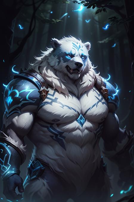 (masterpiece, 4k ,ultra detailed:1.2),(fantasy:1.2),illustration,(realistic:1),(photorealistic:1),
(Volibear, the champion from League of Legends:1.6),
(white hair,very long fur:1.6),(roaring with open mouth:1.3),(white bear with blue eyes and a glowing light on its face:1.4),
(musculous body,blue rays coming out of eyes,rays surrounding around,giant bear:1.3),
(forest, night, lighted mushrooms, fireflies:1.2),
<lora:volibearV1:0.75>,
<lora:LowRa:0.55>