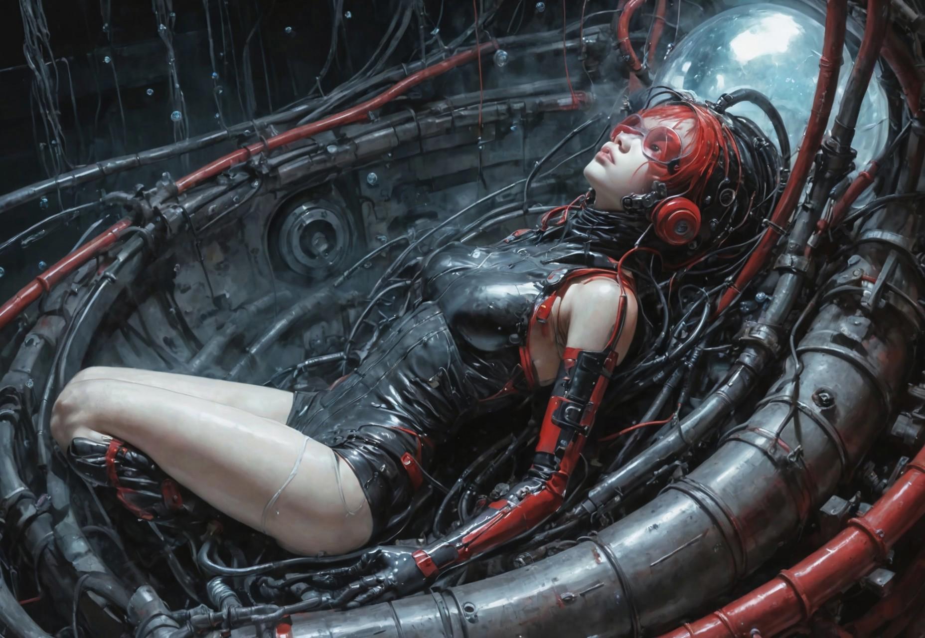 Blame! by Tsutomu Nihei like picture, paintbomb, inside a tank, red mechanical girl,  is laying in black goo inside a cylinder tank, sleeping, completely inside goo, white symbiotic cyborgs, cables through the body, eyes closed, breath bubbles, cyan spheres, white thick smoke, goggles, snorkel, cables and tubes everywhere, monitors everywhere