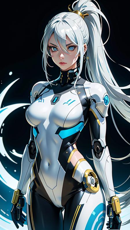 Highly detailed digital illustration featuring a female character with a futuristic and cybernetic aesthetic. The subject has long, silver hair styled in a high ponytail, with striking blue eyes and fair skin. She is wearing a blue, form-fitting outfit adorned with intricate gold floral patterns. Her right arm is a metallic, robotic prosthetic, showcasing advanced technology. The background is a solid, vibrant yellow, which contrasts sharply with the character's cool-toned appearance. The overall style is a blend of realism and anime, with a focus on high detail and vibrant colors,
<lora:a2:1>,<lora:extremely_detailed:1>,