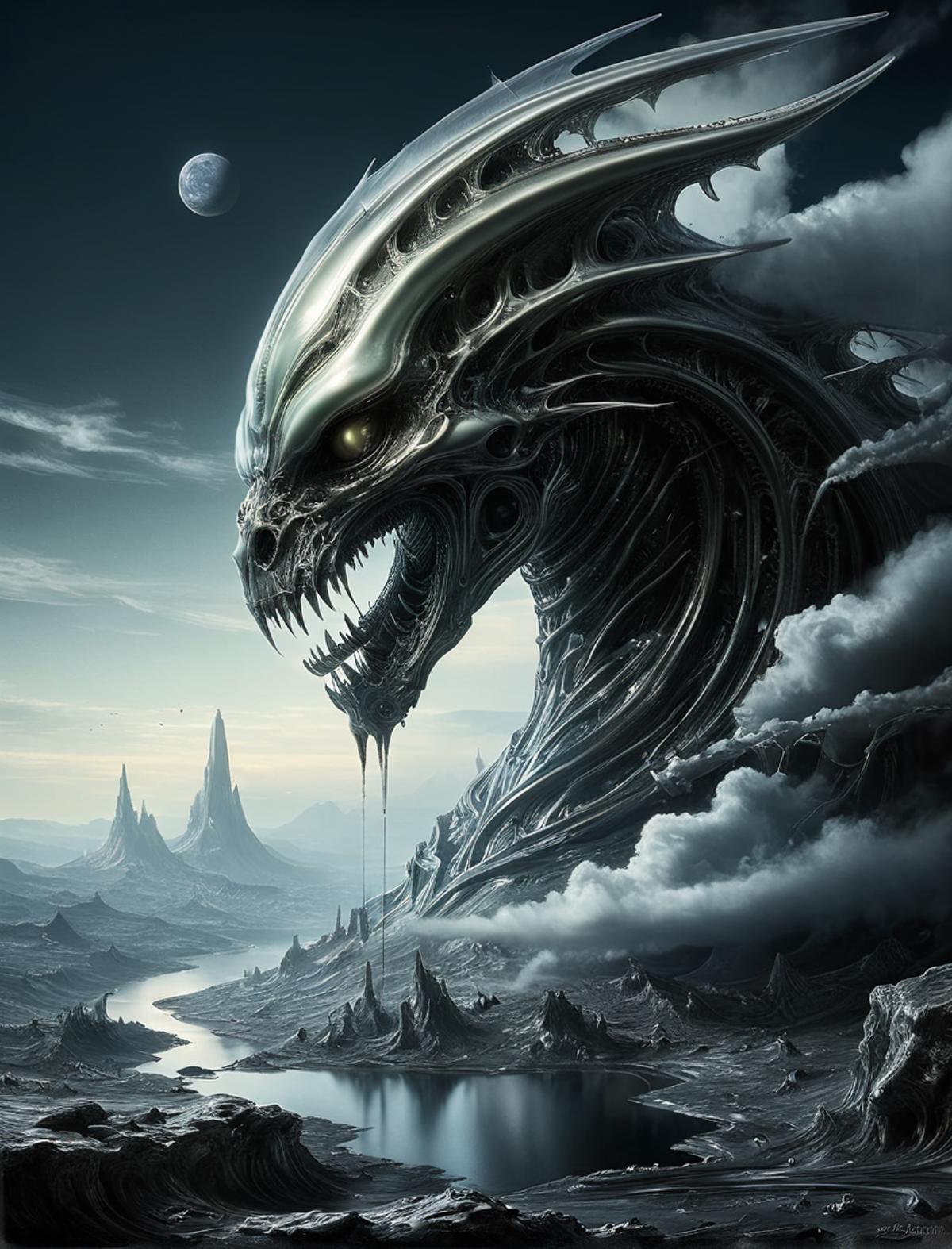 An Alien Creature with Large Teeth in the Sky, Surrounded by Mountains and Clouds