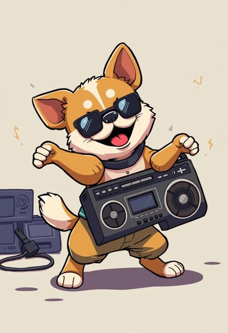 anime style, a dog break dancing with a boom box, chibi, breakdancing,
