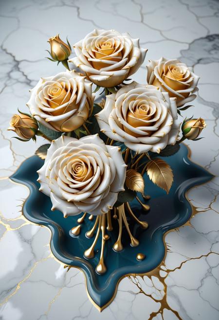 Liquid Marble floor, detailed, ultrarealistic, gold dripping, liquid marble roses, liquid marble bouquet of white gold roses,