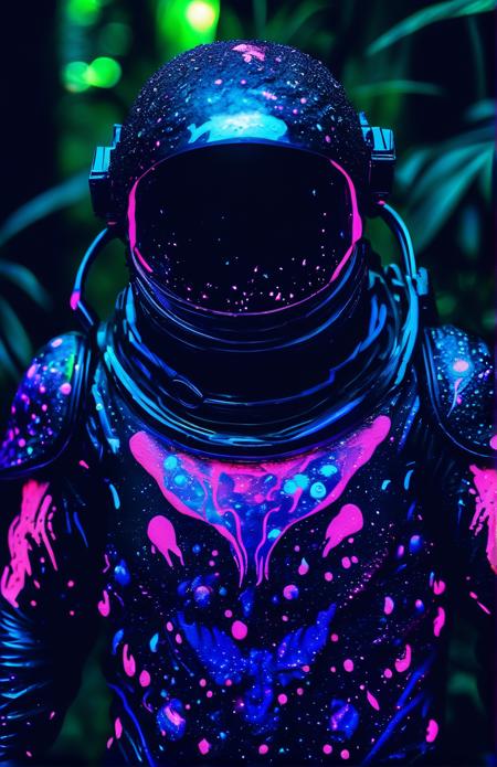 Astronaut with blacklight makeup in a jungle, intricate, vibrant colors, masterpiece, cinematic, detailed face, 8k <lora:blacklight_makeup_v1:1>