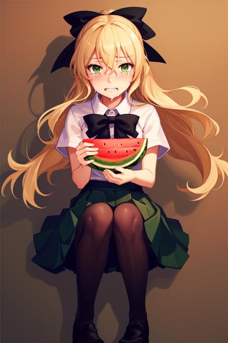 masterpiece, highest quality, best quality, 1girl, solo, looking at viewer, (holding watermelon:1.2),  sad, (crying:1.1),
satou lilly, (blind:1.3),(white eyes:0.9), black bow, blush, hair between eyes, hair blowing, katawa shoujo, long hair, pantyhose, school uniform, skirt, blonde hair, green skirt,   <lora:my_SatouLilly_v1:0.4>
lozhkin, accurate teeth with gaps <lora:lozhkin_V1:0.2>