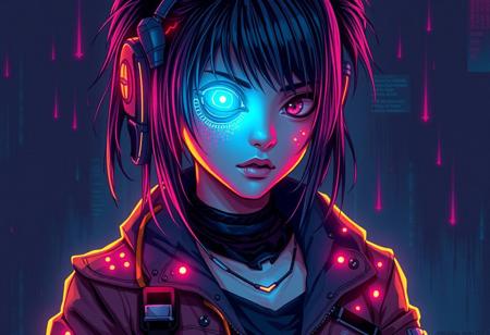 Digital art illustration of a cyberpunk hacker girl with neon glowing body spots and bionic eye, wearing torn clothes and technological gadgets. Introduce neon, dark, worn elements in the aesthetic, nice detail, high quality.