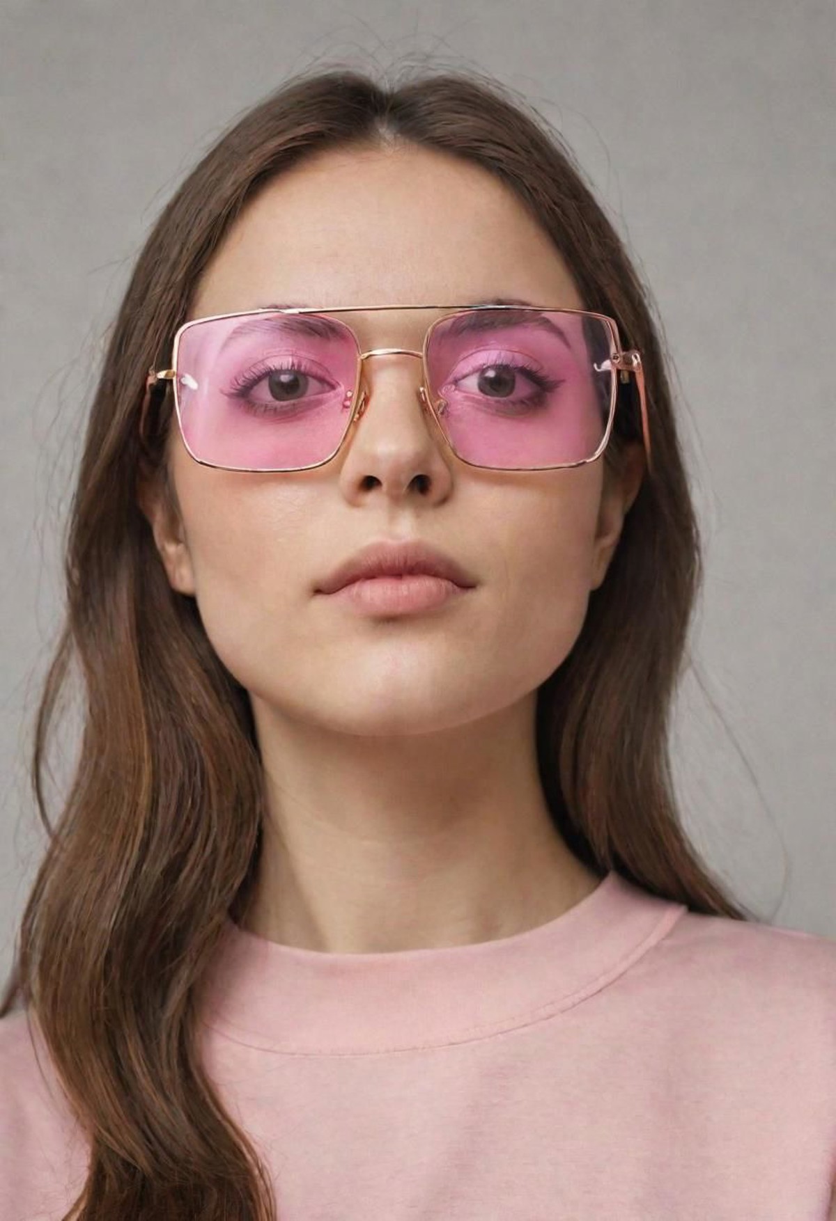 Brown haired 28 years old woman is watching to viewer, wearing rose gold glasses (square edge in the top on the outer side...