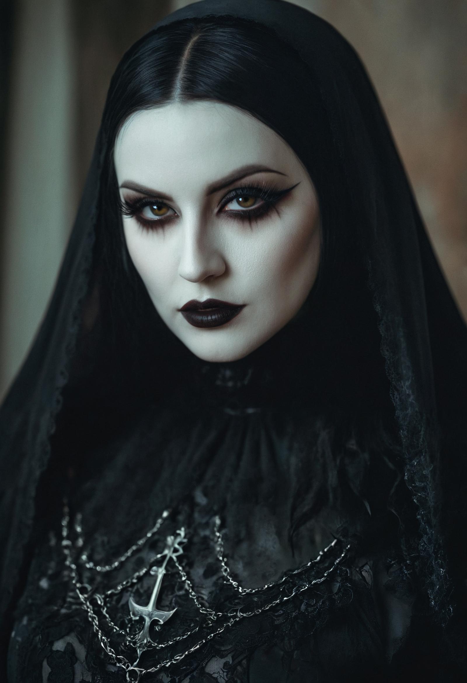 A dark-haired woman with black lipstick and a black veil on her head.