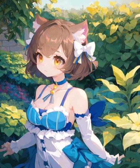 masterpiece, best quality, <lora:GT640V1:0.6>, (chibi:1.1), 1girl, <lora:rezero_felixargyle:0.7>, felix argyle, hair bow, dress, striped, ribbon, blue choker, collarbone, bare shoulders, (medium breasts), upper body, garden, plant